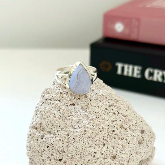 Blue Lace Agate Tear Drop Ring - Size 8