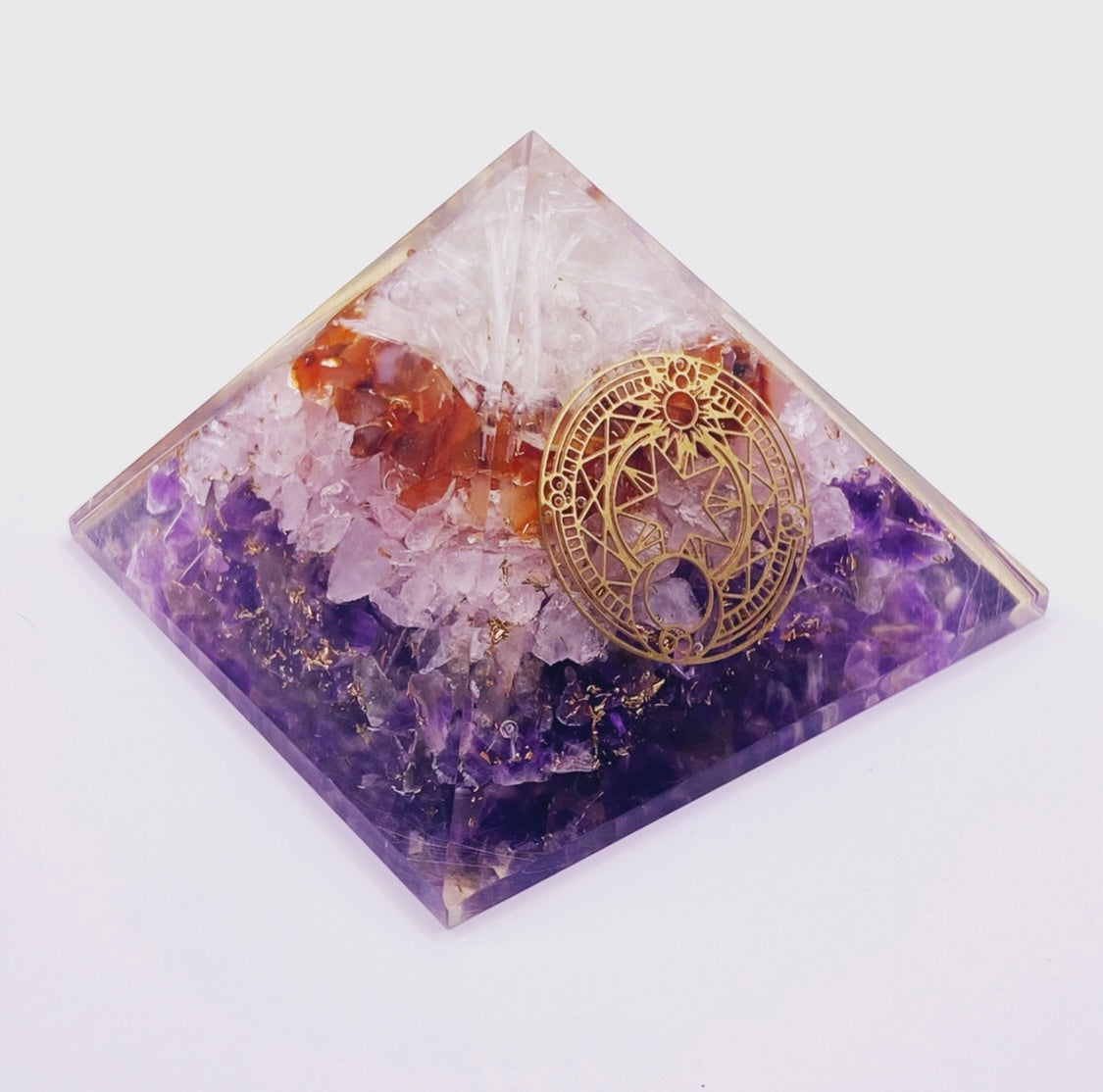 Large Orgonite Pyramid - Amethyst, Rose Quartz, Carnelian and Selenite with Astrological Symbol