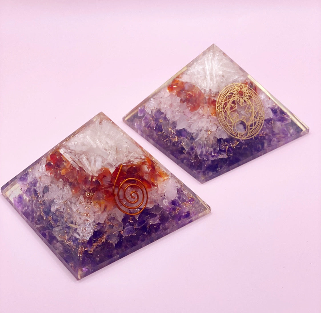 Large Orgonite Pyramid - Amethyst, Rose Quartz, Carnelian and Selenite with Astrological Symbol